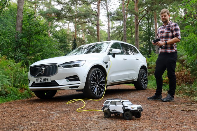 2021 Volvo XC60 T8 front three quarters with RC car