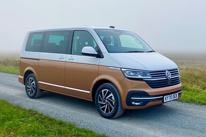 Copper and white 2021 Volkswagen Caravelle front three-quarter