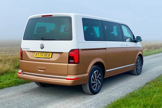 Copper and white 2021 Volkswagen Caravelle rear three-quarter