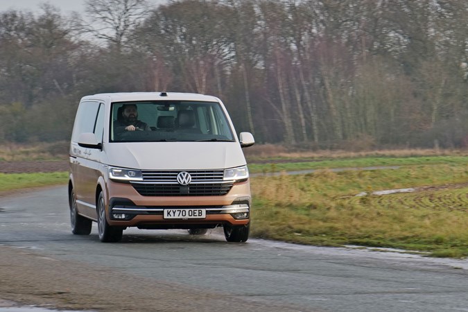 2020 Copper and white Volkswagen Caravelle front three-quarter driving