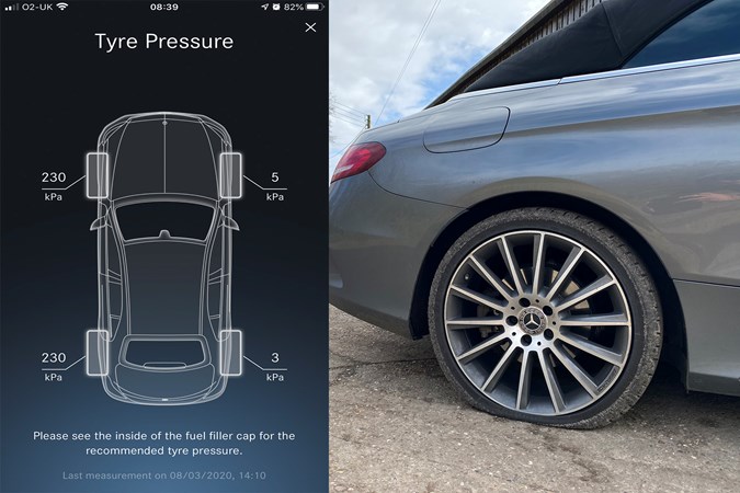 Mercedes Me app showing loss of tyre pressure - two flat tyres