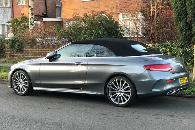 C-Class Cabriolet C 250 d Roof up, on road, Selenite Grey