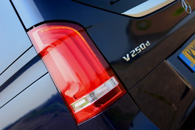 Blue 2017 Mercedes-Benz V-Class MPV rear light and badge