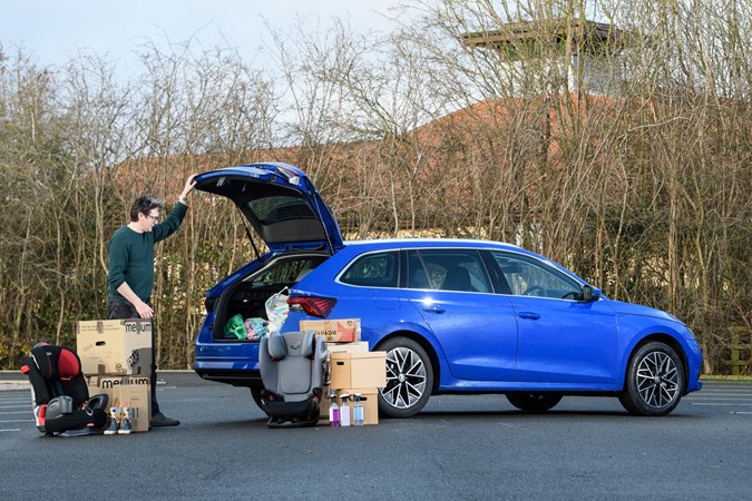 Skoda Octavia Estate long-term test review - Energy Blue 1.5 e-TSI DSG, with boot contents and cj hubbard, boot open