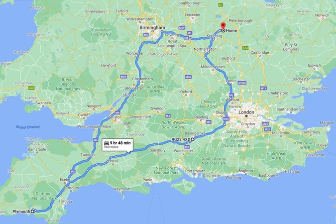 My route to the south west and back in the Suzuki Swace