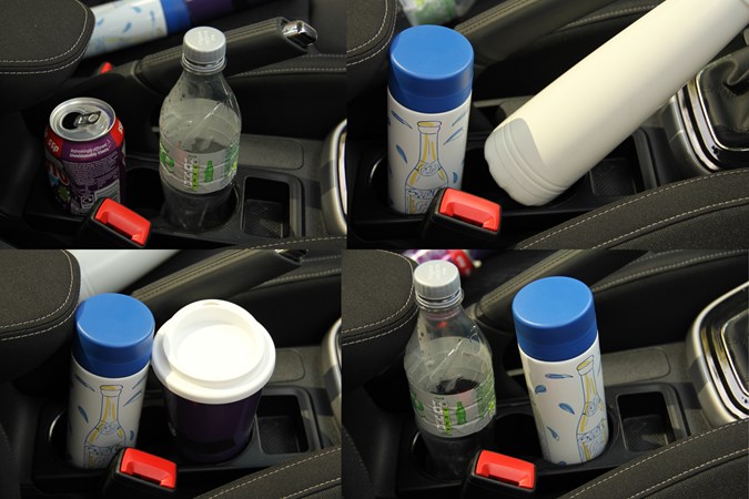 A cluster of four images showing the Skoda Fabia cupholders and different bottles in them, demonstrating lack of versatility.