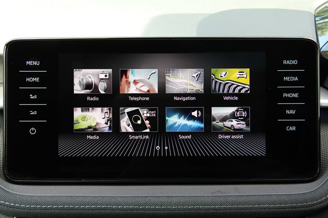 Skoda Fabia centre console display on 'Menu' screen, displaying all features available to click into and semi-phyiscal switchgear down either side of the screen