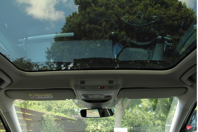 Image depicts the point at which the panoramic glass roof of the Skoda Fabia meets the windscreen