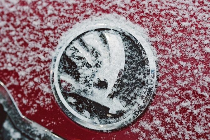 Snowy Skoda badge - Buying a car at Christmas