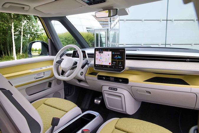 Volkswagen ID. Buzz LWB: dashboard and infotainment system, from passenger side, yellow and white upholstery