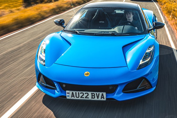 Lotus Emira review, front view, driving on road