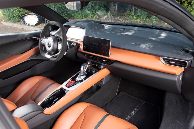 Lotus Emira 2.0-litre (2023): front seats, from passenger side, tan upholstery