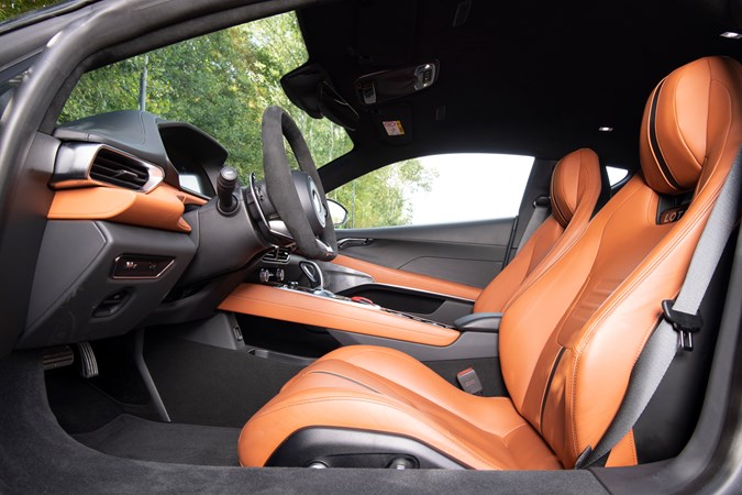 Lotus Emira 2.0-litre (2023): front seats from driver's side, tan upholstery