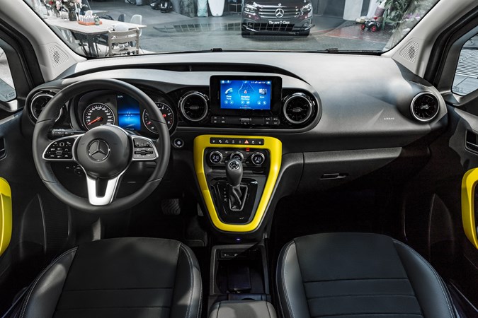 Mercedes-Benz T-Class, interior, dashboard, steering wheel, MBUX, yellow trim