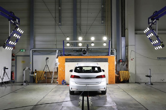 Euro NCAP crash test laboratory with car being prepared for test