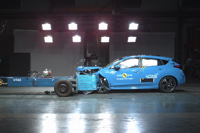 Subaru Impreza undergoing frontal impact crash test