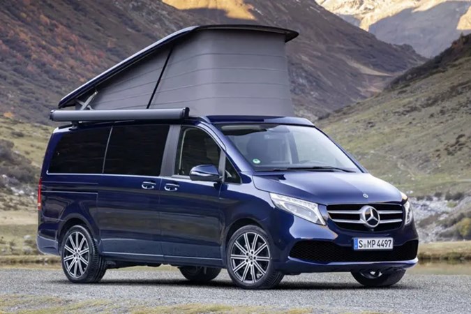Mercedes Benz Marco Polo parked in mountainous area with roof popped