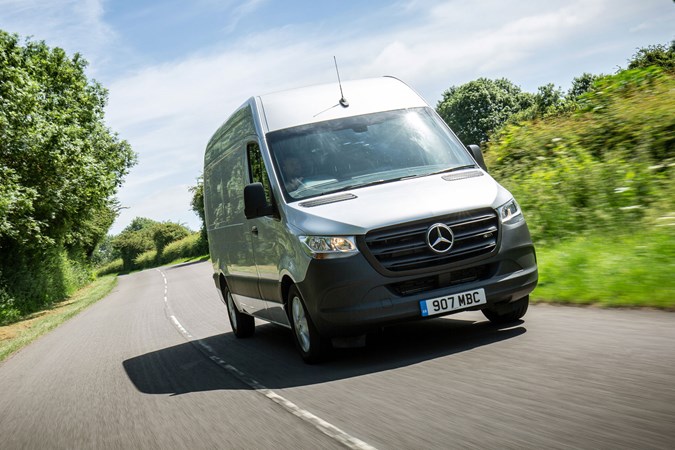 Mercedes-Benz Sprinter with Crosswind Assist, silver, front view, driving