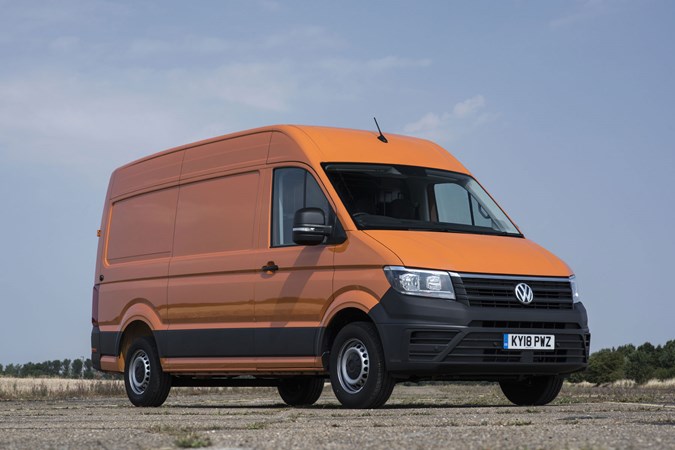 VW Crafter with Crosswind Assist, front view, orange