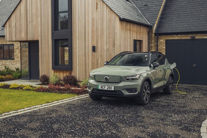 Electric car subscriptions: a green Volvo XC40 Recharge connected to a wallbox