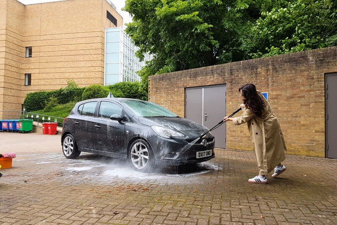 Paula Cullington testing the Bosch EasyAquatak 120 pressure washer