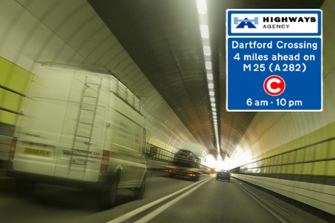 Traffic moving quickly through Dartford Tunnel, inset with Dart Charge road sign depicting four mile marker