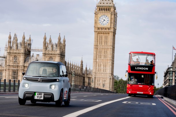 Citroen Ami driving Westminster Bridge