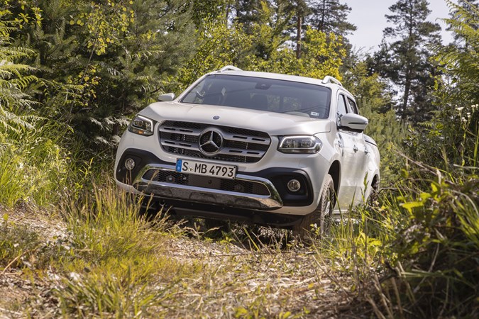Mercedes X-Class X 350 d pickup review - driving off-road, white, front view