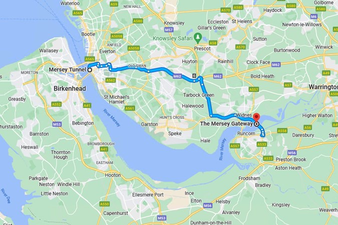 Google snip of Mersey Gateway and Mersey Tunnels and surrounding geography