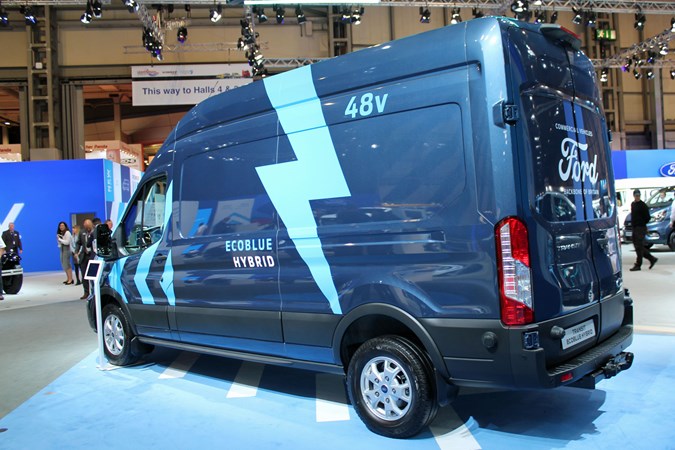 Ford Transit 2019 facelift at the CV Show 2019 - rear view of EcoBlue Hybrid model