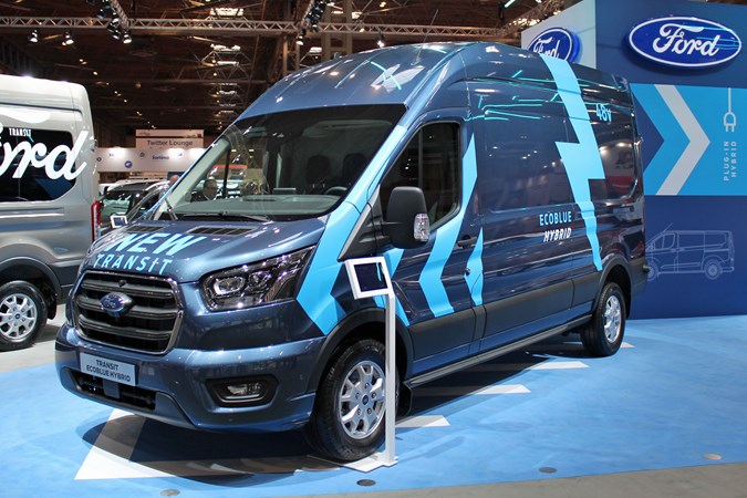 Ford Transit 2019 facelift at the CV Show 2019 - front view of EcoBlue Hybrid model