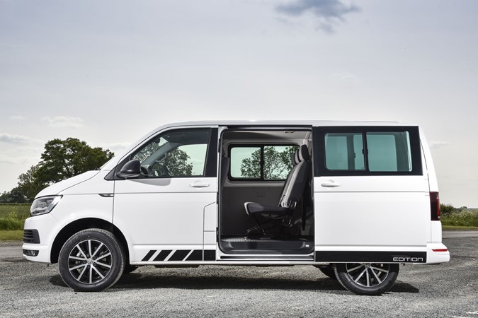 VW Transporter Edition kombi review, white, side view, sliding door open