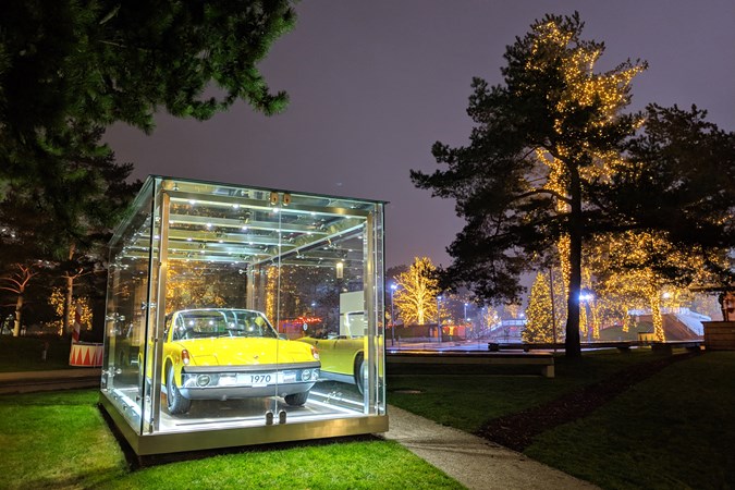 Porsche 914 on display outside Autostadt, Wolfsburg, at night