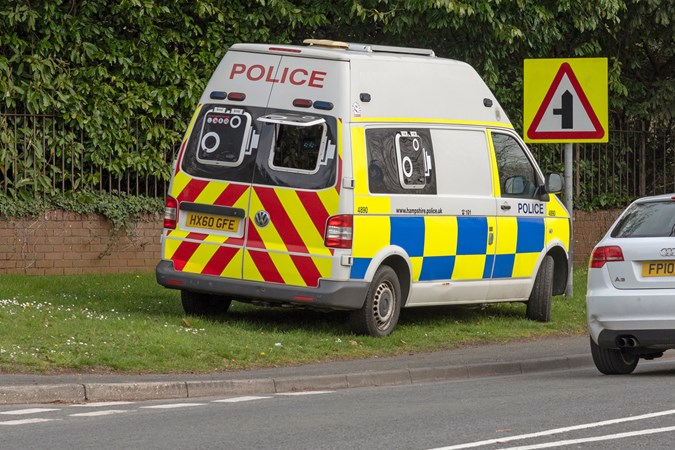 Cost of UK speeding fine - mobile speed camera van parked on verge