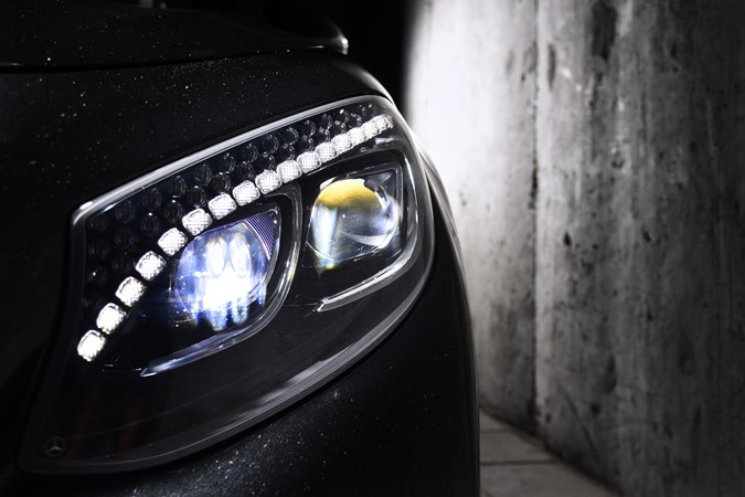 Close up of LED headlights in the dark