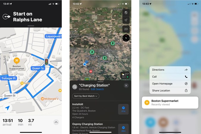 Tryptich of Apple Maps screenshots depicting navigation view and features