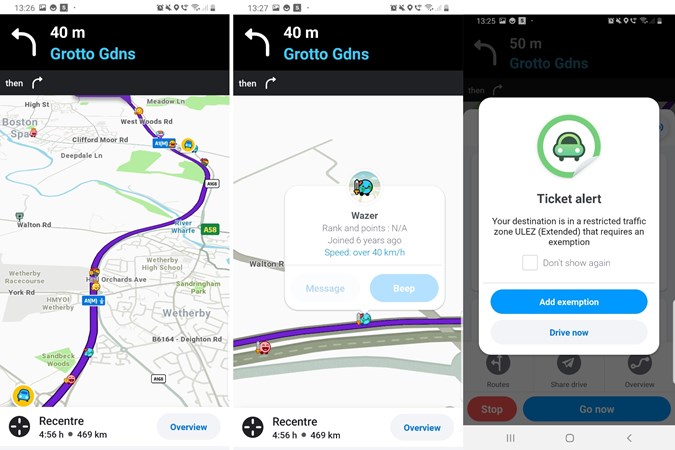 Triptych of screenshots of Waze nav app