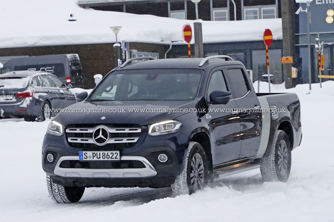 Mercedes X-Class prototype with extended load bed - front view, winter testing in snow