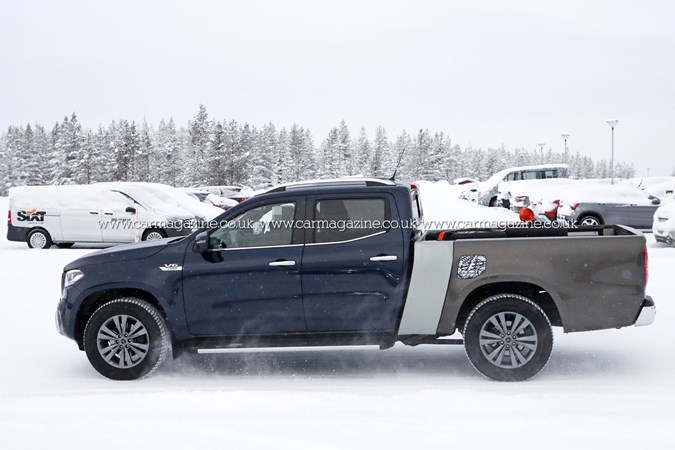 Mercedes X-Class prototype with extended load bed - side view, winter testing in snow