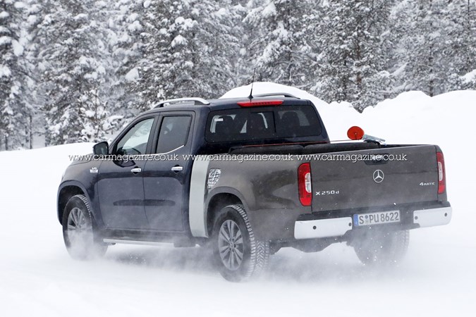 Mercedes X-Class prototype with extended load bed - rear view, winter testing in snow