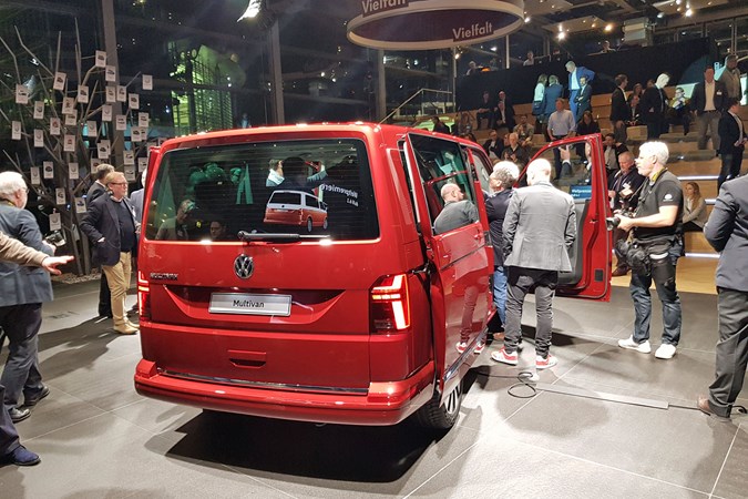 2019 VW Transporter T6.1 facelift - reveal event in Wolfsburg, rear view, red