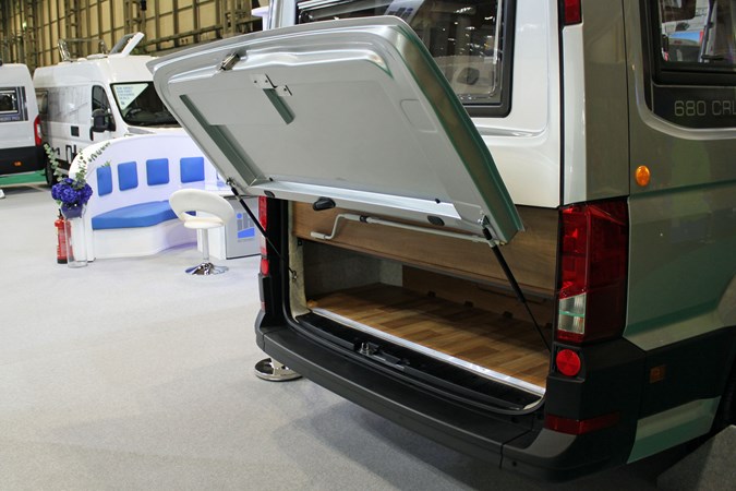 IH VW Crafter campervan conversion - rear view with unusual hinged boot panel
