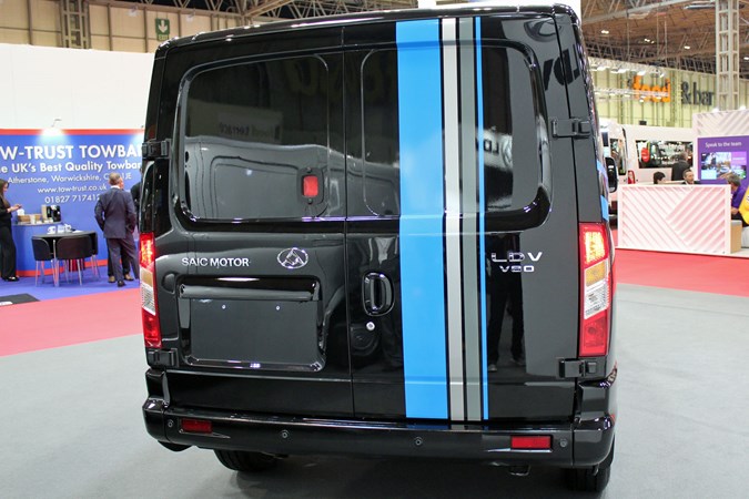 LDV V80 facelift with Euro 6 engine at the CV Show 2019 - rear view, black with graphics