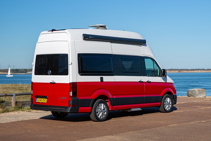 VW Grand California camper review - 2019 UK 600 model, rear view, red and white