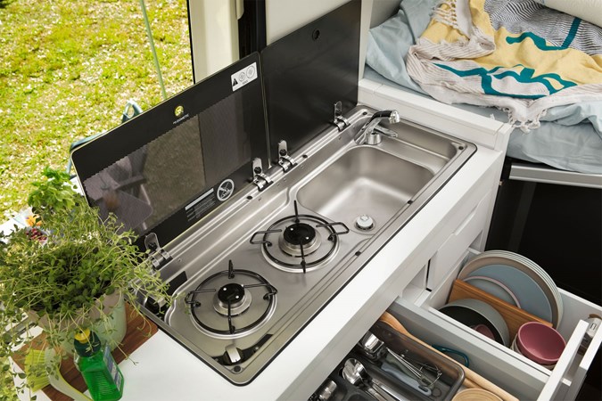 VW Grand California camper review - gas cooker and sink
