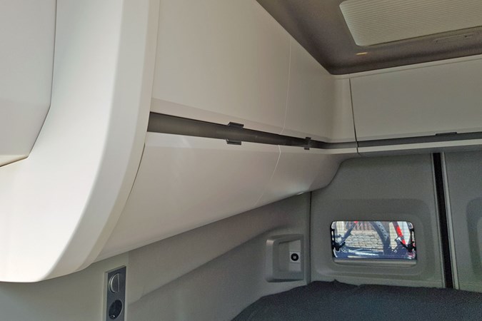 VW Grand California camper review - interior storage lockers, aircraft-style, above rear sleeping area