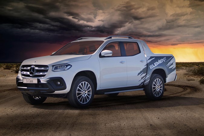 Mercedes-Benz X-Class Element special edition pickup up - Chisana White, front view, stormy desert background