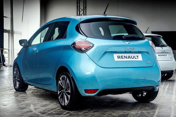 Blue 2020 Renault Zoe facelift rear three-quarter