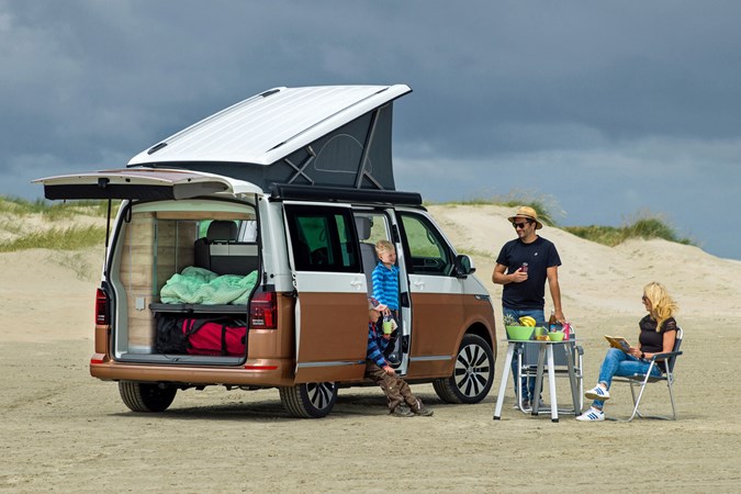 VW California T6.1 campervan - 2019, 2020, rear view, with roof up, on beach