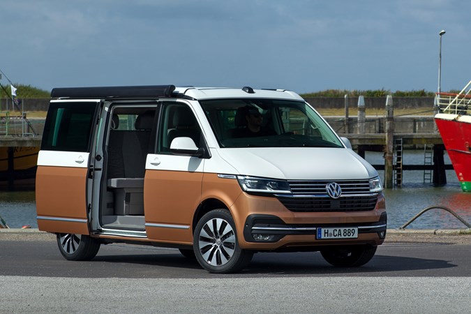 VW California T6.1 campervan - 2019, 2020, front view with roof stowed